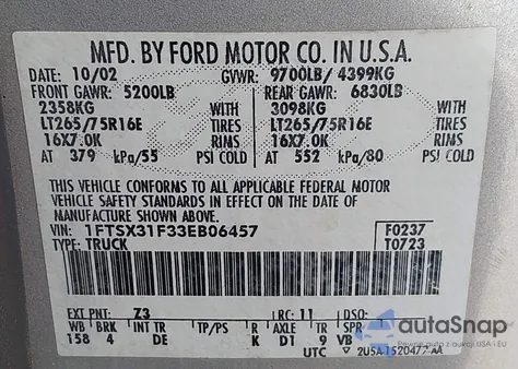 2003 Ford F-350 Lariat/Xl/Xlt from USA, damaged, VIN 1FTSX31F33EB06457